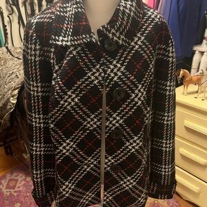 Chico's Black and White Plaid Pea Coat